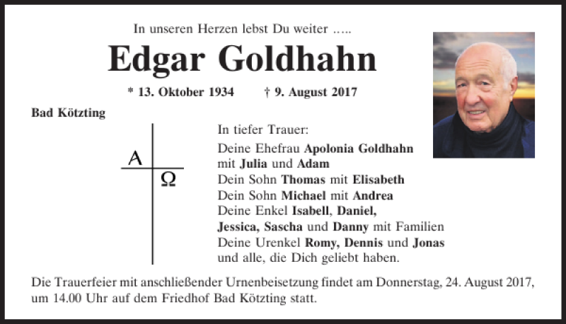  Traueranzeige für Edgar Goldhahn vom 23.08.2017 aus Bayerwald Echo