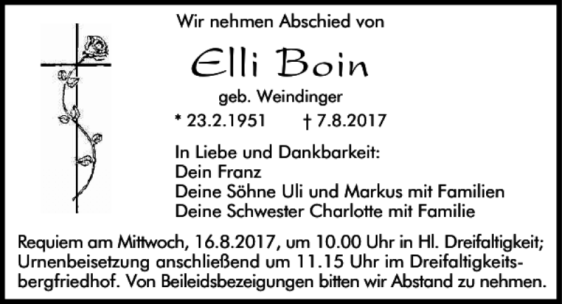  Traueranzeige für Elli Boin vom 12.08.2017 aus Mittelbayerische Zeitung Regensburg