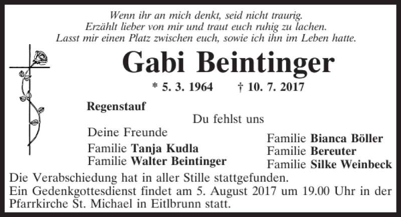  Traueranzeige für Gabi Beintinger vom 04.08.2017 aus Mittelbayerische Zeitung Regensburg