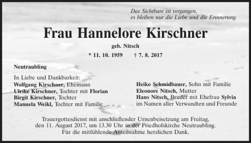  Traueranzeige für Hannelore Kirschner vom 09.08.2017 aus Mittelbayerische Zeitung Regensburg