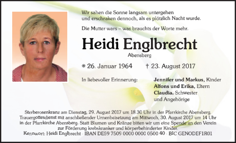  Traueranzeige für Heidi Englbrecht vom 26.08.2017 aus Mittelbayerische Zeitung Kelheim