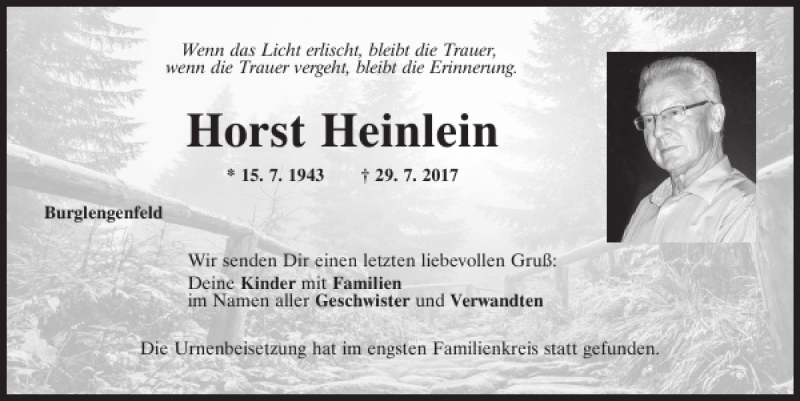  Traueranzeige für Horst Heinlein vom 16.08.2017 aus Mittelbayerische Zeitung Schwandorf