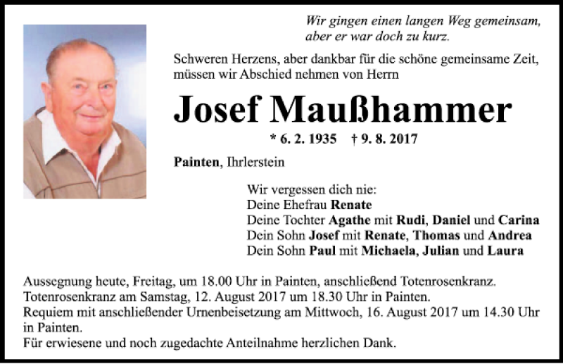  Traueranzeige für Josef Maußhammer vom 11.08.2017 aus Mittelbayerische Zeitung Kelheim