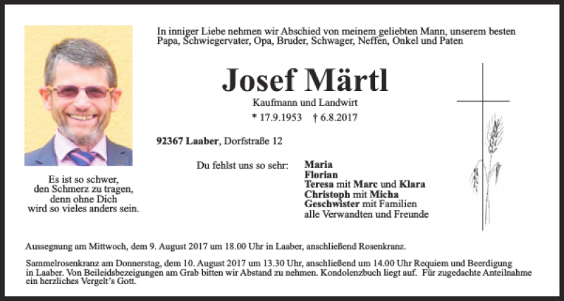  Traueranzeige für Josef Märtl vom 08.08.2017 aus Neumarkter Tagblatt