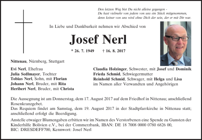  Traueranzeige für Josef Nerl vom 17.08.2017 aus Mittelbayerische Zeitung Regensburg