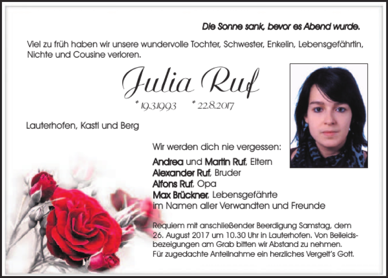  Traueranzeige für Julia Ruf vom 25.08.2017 aus Neumarkter Tagblatt