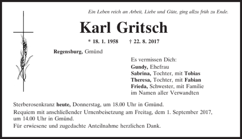  Traueranzeige für Karl Gritsch vom 31.08.2017 aus Mittelbayerische Zeitung Regensburg