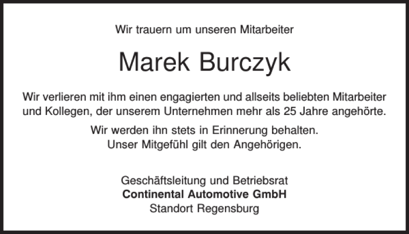  Traueranzeige für Marek Burczyk vom 11.08.2017 aus Mittelbayerische Zeitung Regensburg