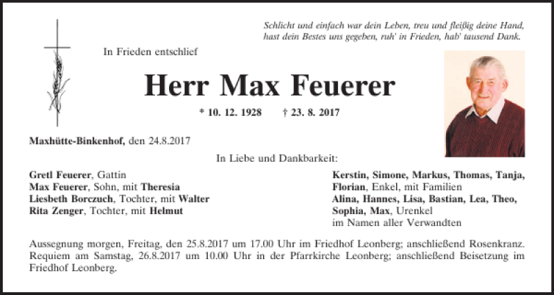  Traueranzeige für Max Feuerer vom 24.08.2017 aus Mittelbayerische Zeitung Schwandorf