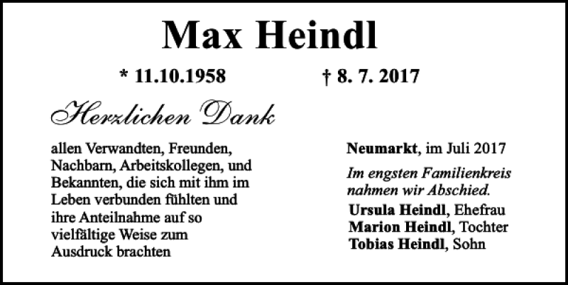  Traueranzeige für Max Heindl vom 07.08.2017 aus Neumarkter Tagblatt