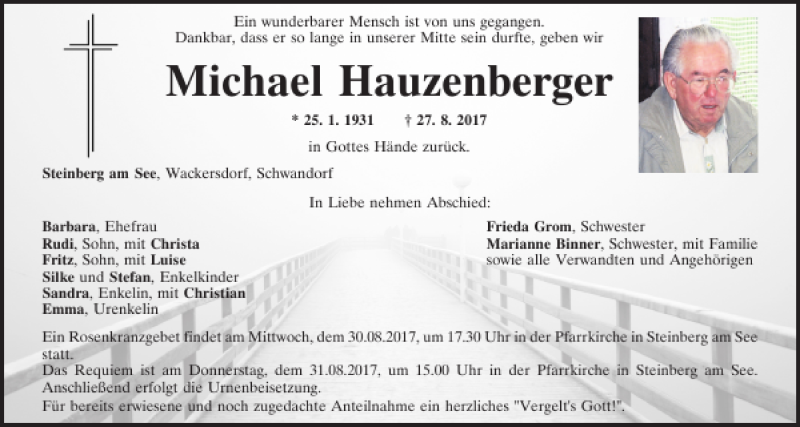  Traueranzeige für Michael Hauzenberger vom 29.08.2017 aus Mittelbayerische Zeitung Schwandorf