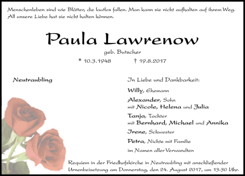  Traueranzeige für Paula Lawrenow vom 22.08.2017 aus Mittelbayerische Zeitung Regensburg