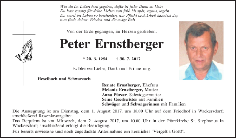  Traueranzeige für Peter Ernstberger vom 01.08.2017 aus Mittelbayerische Zeitung Schwandorf