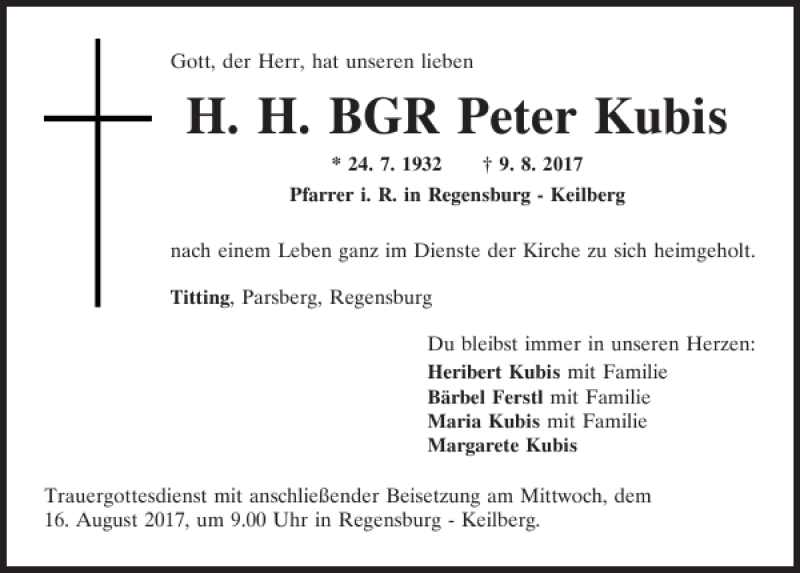  Traueranzeige für Peter Kubis vom 12.08.2017 aus Neumarkter Tagblatt