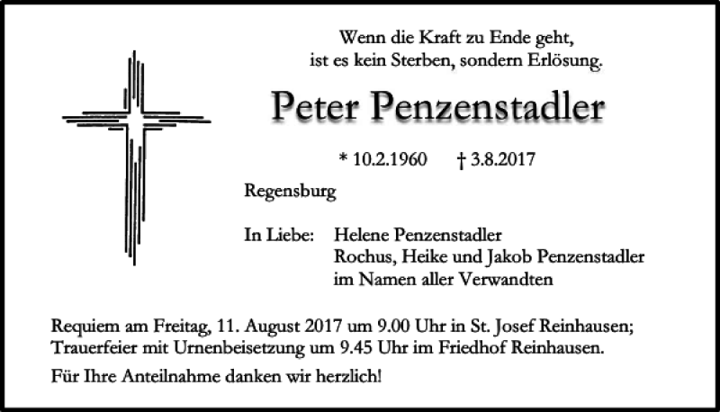  Traueranzeige für Peter Penzenstadler vom 07.08.2017 aus Mittelbayerische Zeitung Regensburg