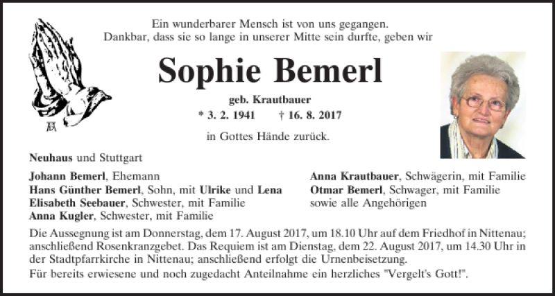  Traueranzeige für Sophie Bemerl vom 17.08.2017 aus Mittelbayerische Zeitung Regensburg