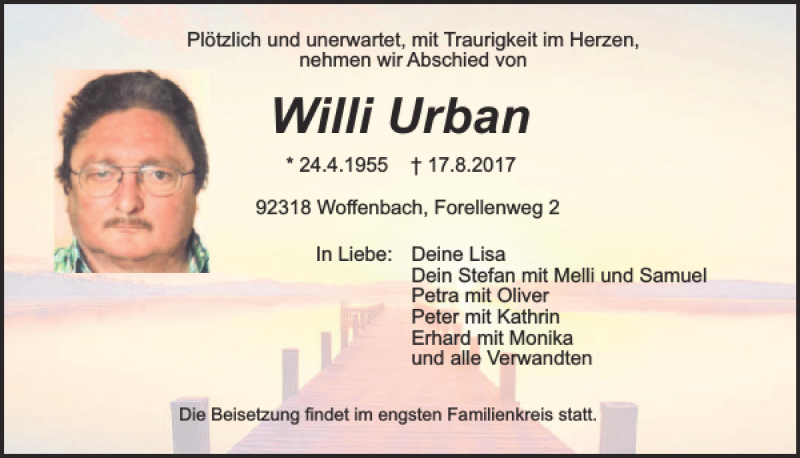  Traueranzeige für Willi Urban vom 19.08.2017 aus Neumarkter Tagblatt