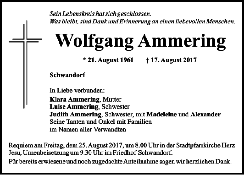  Traueranzeige für Wolfgang Ammering vom 22.08.2017 aus Mittelbayerische Zeitung Schwandorf