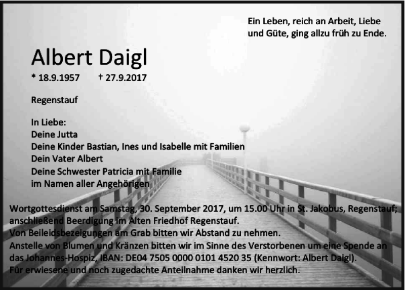  Traueranzeige für Albert Daigl vom 28.09.2017 aus Mittelbayerische Zeitung Regensburg