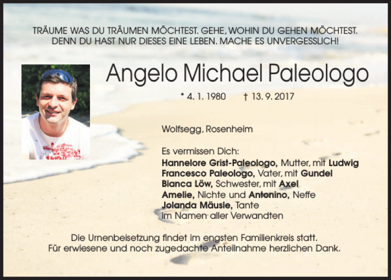  Traueranzeige für Angelo Michael Paleologo vom 16.09.2017 aus Mittelbayerische Zeitung Regensburg