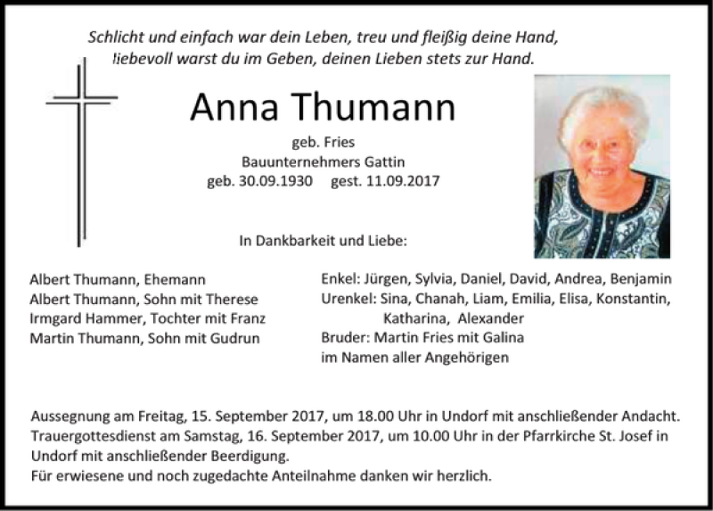  Traueranzeige für Anna Thumann vom 13.09.2017 aus Mittelbayerische Zeitung Regensburg