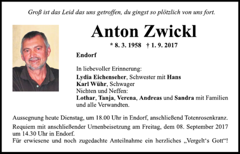  Traueranzeige für Anton Zwickl vom 05.09.2017 aus Mittelbayerische Zeitung Regensburg