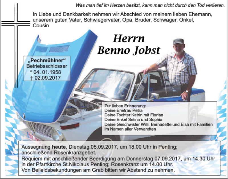  Traueranzeige für Benno Jobst vom 05.09.2017 aus Mittelbayerische Zeitung Schwandorf