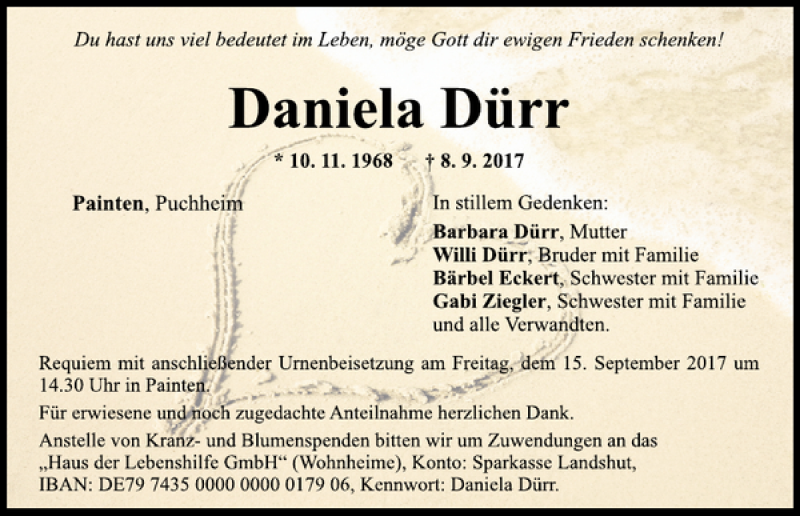  Traueranzeige für Daniela Dürr vom 12.09.2017 aus Mittelbayerische Zeitung Kelheim