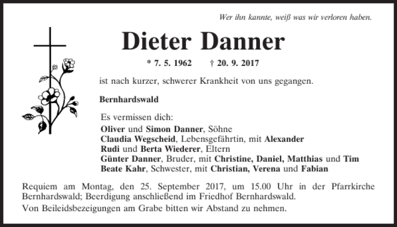  Traueranzeige für Dieter Danner vom 22.09.2017 aus Mittelbayerische Zeitung Regensburg