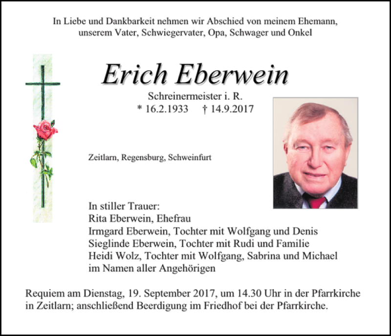  Traueranzeige für Erich Eberwein vom 16.09.2017 aus Mittelbayerische Zeitung Regensburg