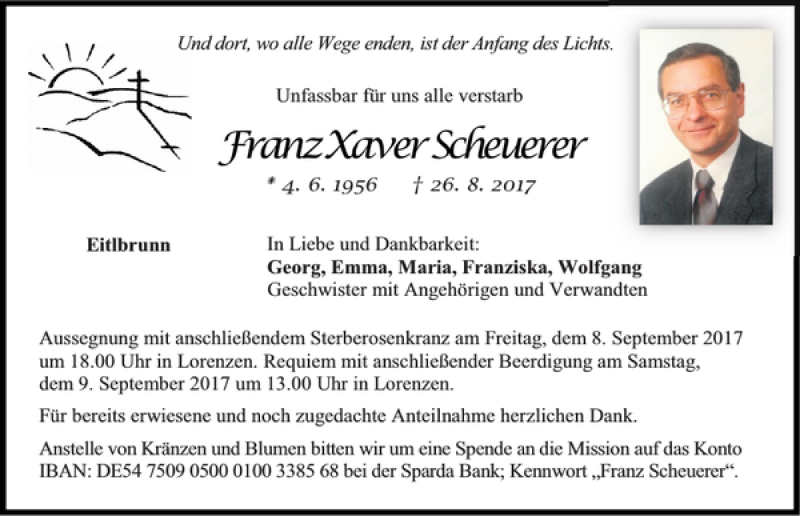  Traueranzeige für Franz Xaver Scheuerer vom 07.09.2017 aus Mittelbayerische Zeitung Schwandorf