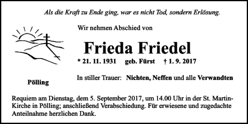  Traueranzeige für Frieda Friedel vom 04.09.2017 aus Neumarkter Tagblatt