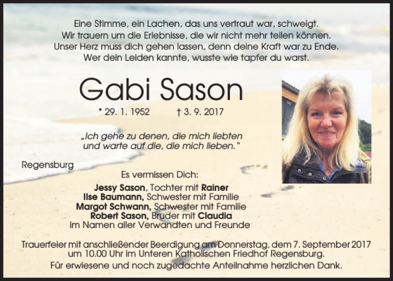  Traueranzeige für Gabi Sason vom 05.09.2017 aus Mittelbayerische Zeitung Regensburg