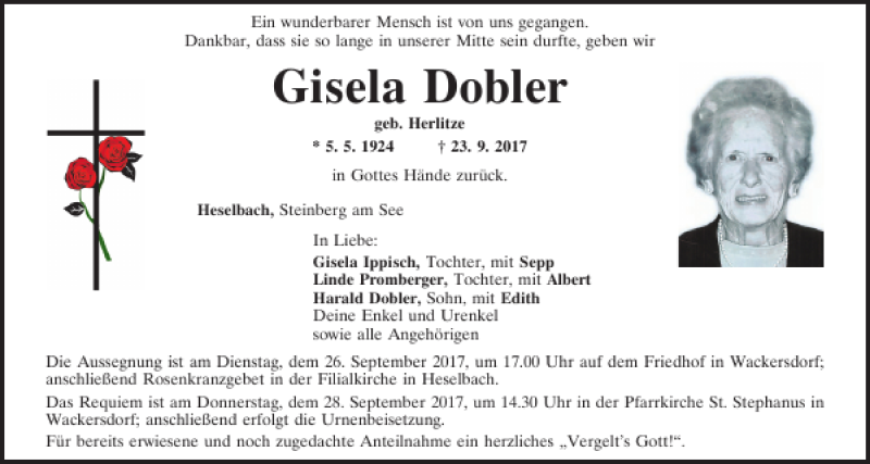  Traueranzeige für Gisela Dobler vom 25.09.2017 aus Mittelbayerische Zeitung Schwandorf