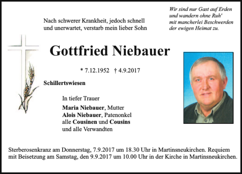  Traueranzeige für Gottfried Niebauer vom 07.09.2017 aus Bayerwald Echo