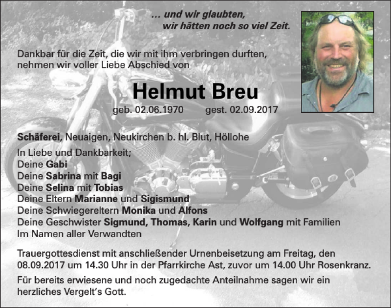  Traueranzeige für Helmut Breu vom 06.09.2017 aus Bayerwald Echo