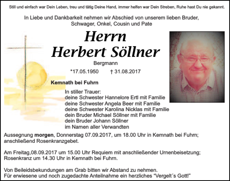  Traueranzeige für Herbert Söllner vom 06.09.2017 aus Mittelbayerische Zeitung Schwandorf