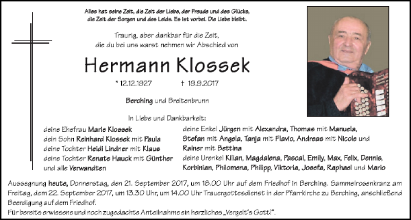  Traueranzeige für Hermann Klossek vom 21.09.2017 aus Neumarkter Tagblatt