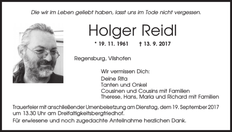  Traueranzeige für Holger Reidl vom 18.09.2017 aus Mittelbayerische Zeitung Regensburg