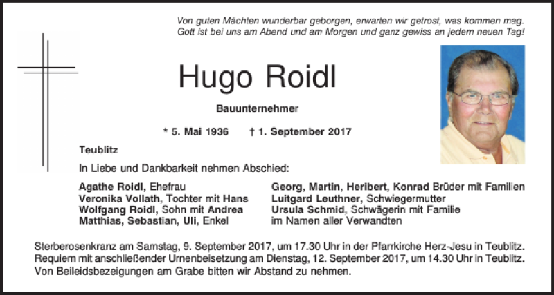  Traueranzeige für Hugo Roidl vom 08.09.2017 aus Mittelbayerische Zeitung Schwandorf