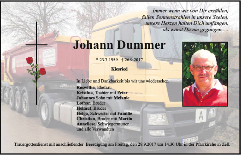  Traueranzeige für Johann Dummer vom 28.09.2017 aus Bayerwald Echo