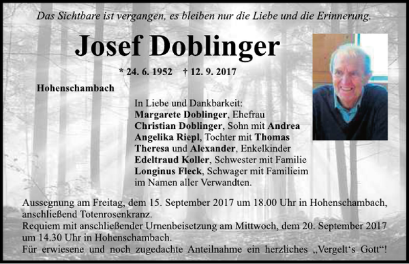  Traueranzeige für Josef Doblinger vom 14.09.2017 aus Mittelbayerische Zeitung Regensburg