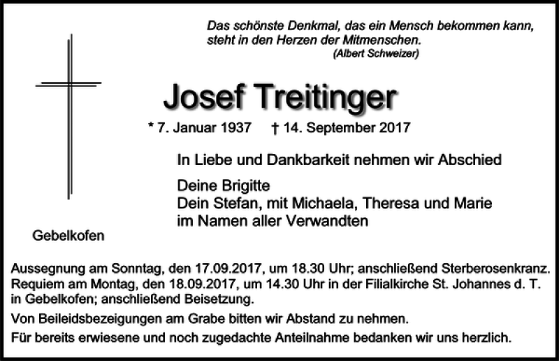  Traueranzeige für Josef Treitinger vom 16.09.2017 aus Mittelbayerische Zeitung Regensburg