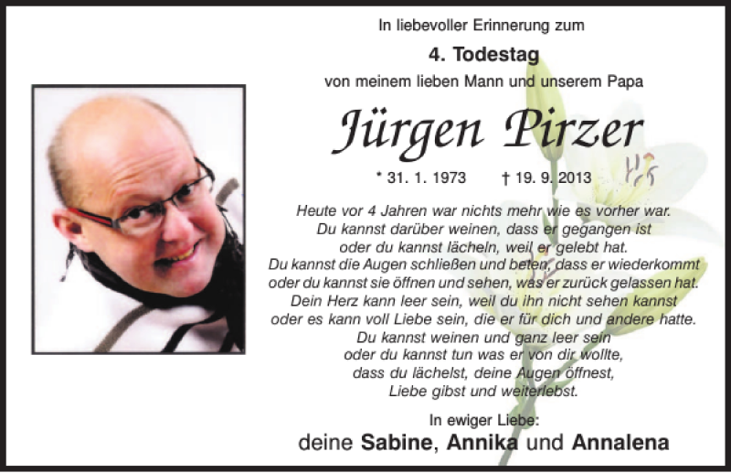  Traueranzeige für Jürgen Pirzer vom 19.09.2017 aus Neumarkter Tagblatt