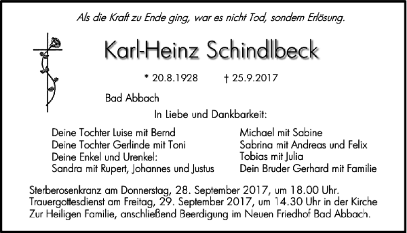  Traueranzeige für Karl-Heinz Schindlbeck vom 27.09.2017 aus Mittelbayerische Zeitung Regensburg