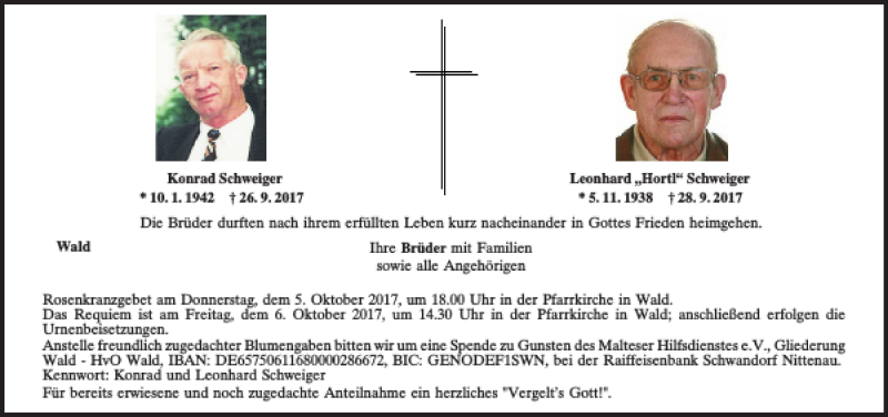  Traueranzeige für Konrad und Leonhard Schweiger vom 30.09.2017 aus Mittelbayerische Zeitung Regensburg