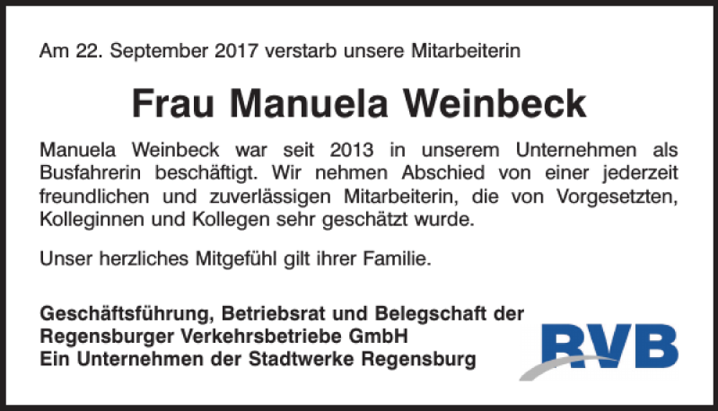  Traueranzeige für Manuela Weinbeck vom 28.09.2017 aus Mittelbayerische Zeitung Regensburg