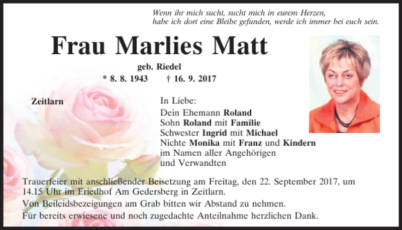  Traueranzeige für Marlies Matt vom 20.09.2017 aus Mittelbayerische Zeitung Regensburg