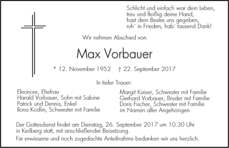  Traueranzeige für Max Vorbauer vom 23.09.2017 aus Mittelbayerische Zeitung Regensburg