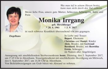 Traueranzeigen Von Monika Irrgang Mittelbayerische Trauer